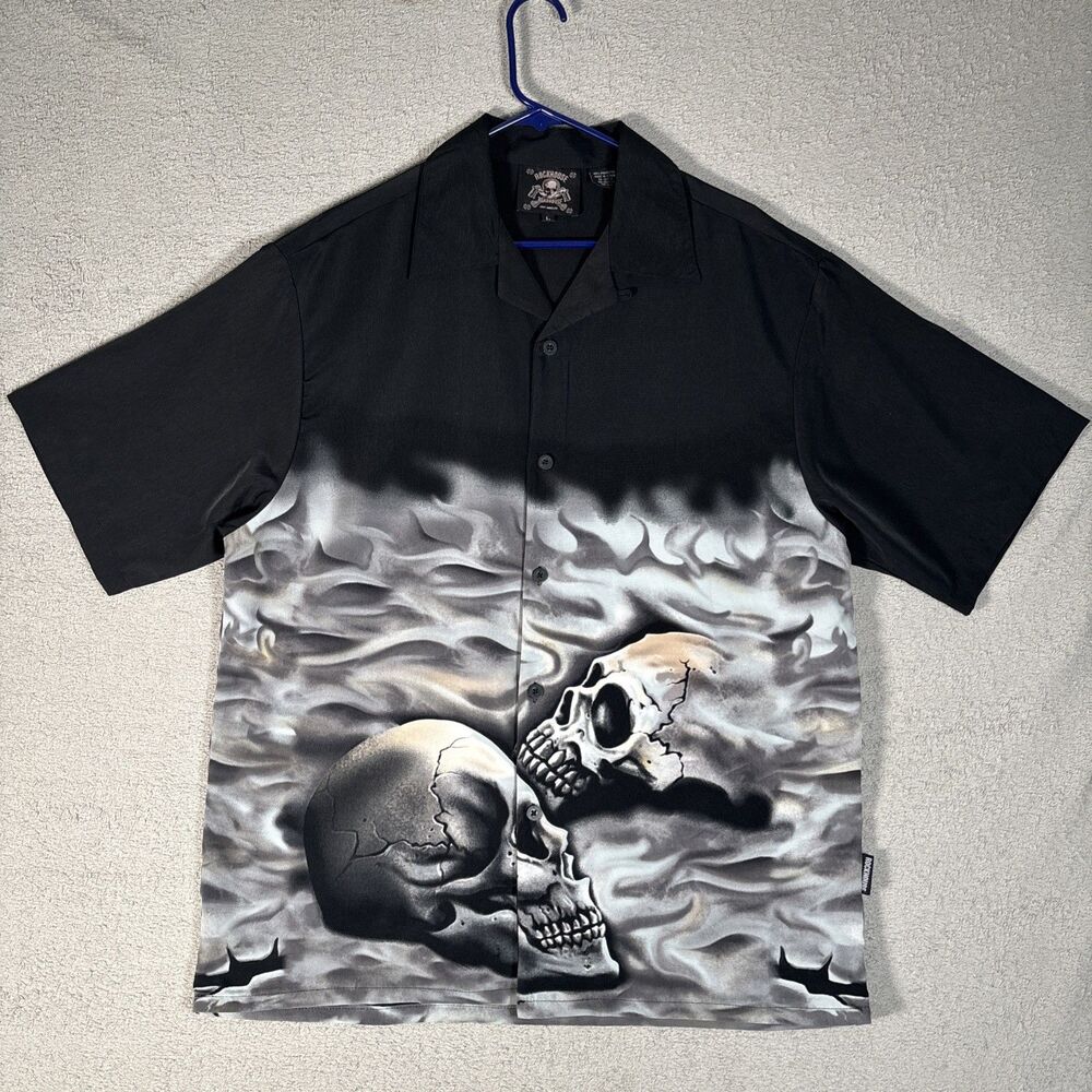 Rockhouse Roadhouse Shirt Men's Size L Button Up Black Grey Skulls Guy Fieri Y2K